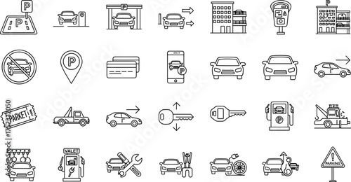 Parking icons, vehicle services, car, garage, meter, ticket, tow truck, valet, payment, app, credit card, wrench, screwdriver, repair, maintenance, flat tire