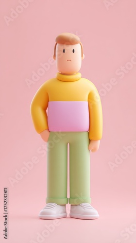 Cartoon character in colorful clothes standing on a pink background.