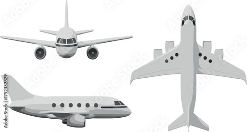 Airplane Views Front, Side, and Top Perspective Illustration