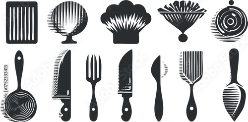 Silhouette vector illustration of various kitchen utensils and tools in a modern abstract style.