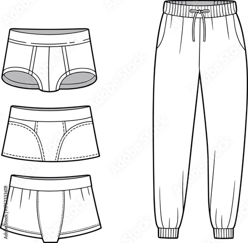 Men's briefs and jogger pants flat sketch, vector template, technical drawing, fashion cad, front view, design mockup, clothing illustration