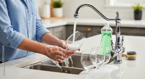 Woman washing wine glasses in a stainless steel kitchen sink with running water and soap.