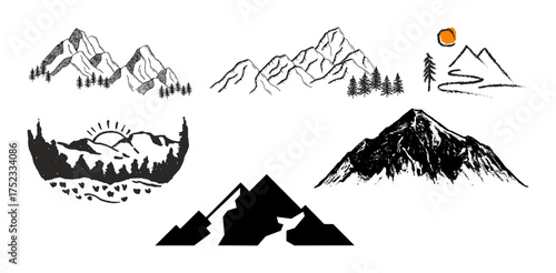 Vintage mountain sketch vector set with hand drawn peaks and sun, retro style outdoor adventure, hiking, climbing, trekking, and travel illustration