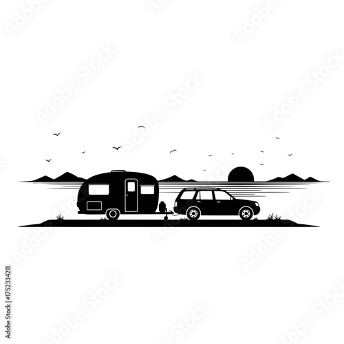 Car towing caravan on a lake with mountains and birds silhouette isolated on white background