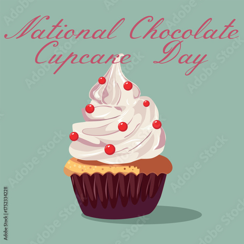 Cute cupcake with chocolate frosting and red sprinkles, celebrating National Chocolate Cupcake Day. Perfect for food blogs, social media posts, or event invitations