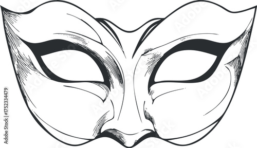 Black and white illustration of an elegant masquerade mask with decorative elements.