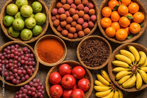 Assorted Fresh Fruits and Spices in Wooden Bowls