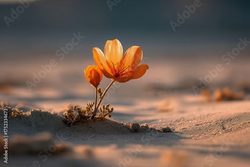 Una flor silvestre anaranjada florece desafiante en medio de un paisaje desértico, simbolizando la esperanza y la perseverancia.