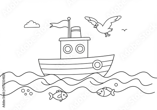 Charming nautical scene with boat, seagull, and fish for children's coloring pages or educational design
