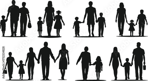 Silhouette of happy family walking together, parents with children holding hands, family unity, love and relationship concept illustration design