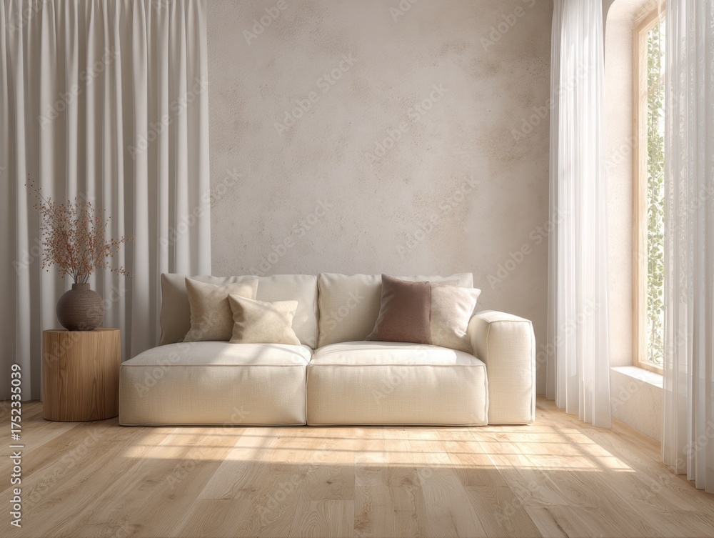 Fototapeta premium A white couch is in a room with a window