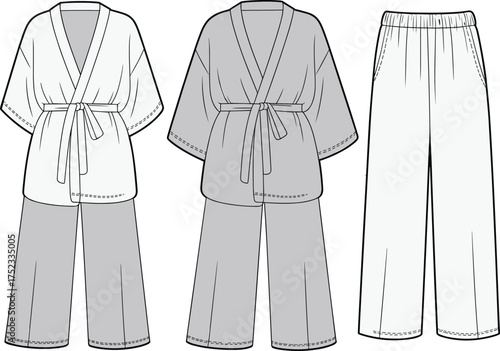 Short sleeve kimono loungewear flat sketch, fashion cad illustration, front and back view, belt top and wide leg pants