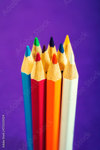 Nine multicolored pencils on a purple felt background. Different colored pencils with space for text. Back to school. Art lessons.