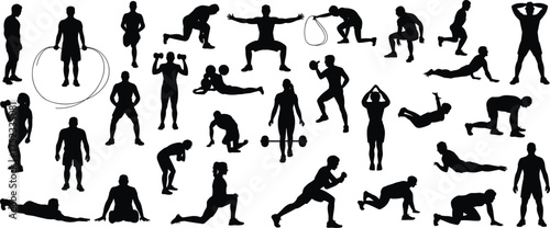 Silhouette of people doing fitness exercises, gym workout, strength training, yoga, stretching, sports activity, healthy lifestyle concept illustration