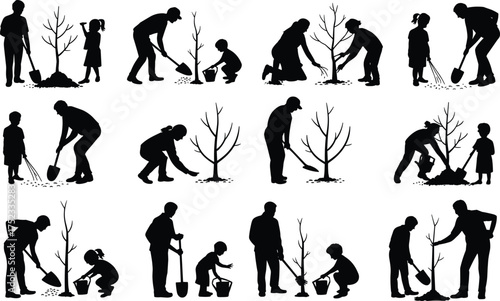 Silhouette of people planting trees with children, environmental care, family gardening, teamwork, nature conservation and earth day eco concept illustration