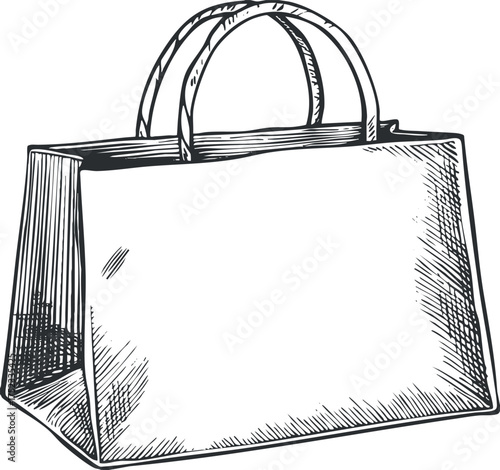Illustration of a sketched shopping bag with handles in black and white line art.