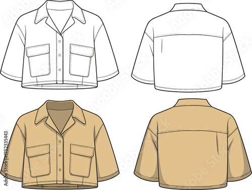 Short sleeve cropped utility shirt flat sketch, front and back view, large flap pockets, button front, fashion cad illustration