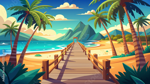 Very beautiful tropical boardwalk leading to a sandy beach surrounded by palm trees, turquoise ocean waves, and warm sunlight creating a serene coastal escape.
