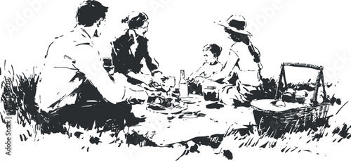 Black and white illustration of a family enjoying a picnic outdoors on a blanket.