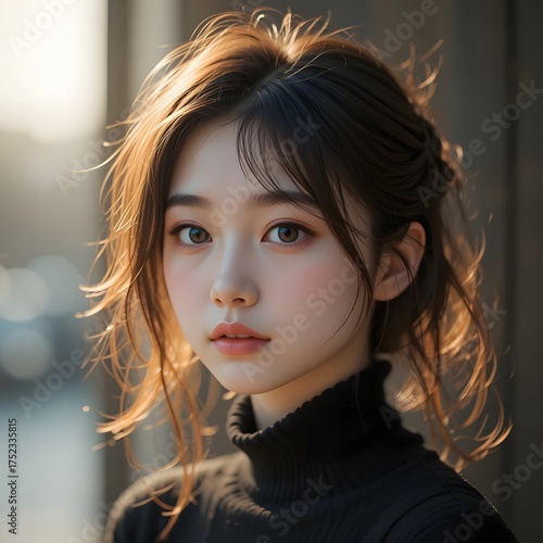 asian young woman in black turtleneck sweater looking at camera closeup photo warm sunlight backlit