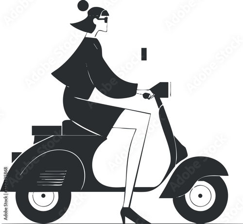 Monochrome illustration of a stylish woman riding a moped in a minimalist design.