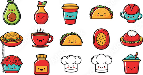 Kawaii Food and Beverage Icon Set: Taco, Avocado, Coffee, and Chef Hat