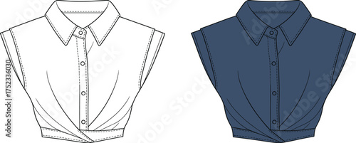 Trendy wrap front sleeveless crop shirt fashion flat, collared design, detailed technical sketch, cad drawing vector, stylish apparel illustration