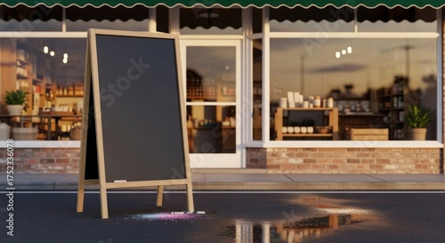An empty chalkboard sign stands outside a cafe with a brick facade, reflecting in the wet pavement.