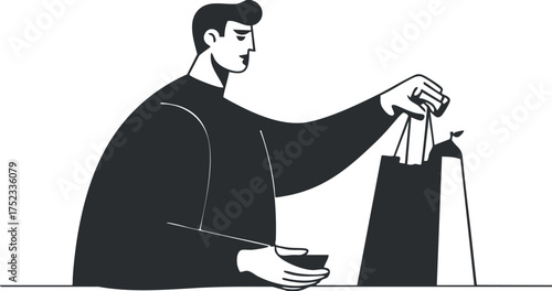 Monochrome illustration of a man holding a shopping bag in a minimalist design style.