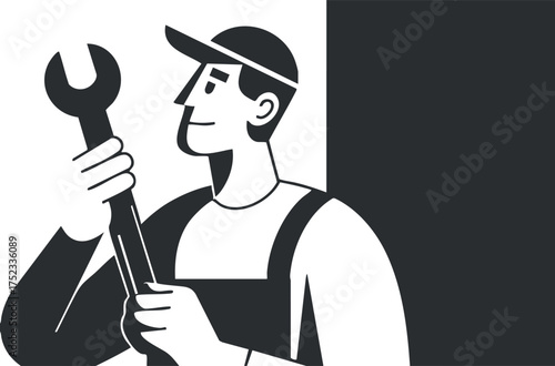 Illustration of a mechanic holding a wrench, symbolizing repair and maintenance work.
