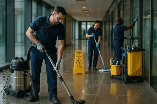 Wallpaper Mural Janitorial Team Cleaning Office Hallway with Equipment Torontodigital.ca