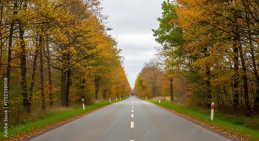 Obraz premium Serene Autumn Road - A Straight Path Through Golden-Hued Forest Canopy, Cloudy Sky.