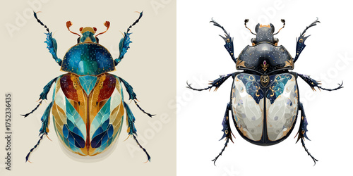 Colorful beetles in symmetrical arrangement on neutral backgrounds  