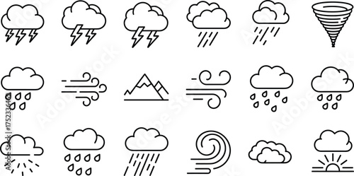 Weather icon set with clouds, rain, storm, lightning, wind, sunshine, tornado, and climate symbols, vector line illustration design