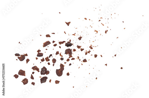 Cacao nibs flying, crushed and peeled cocoa, isolated on white background, clipping path	