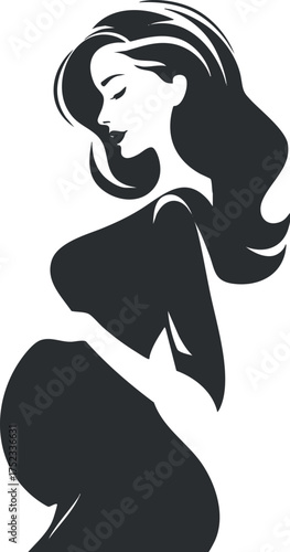 Minimalist silhouette of a pregnant woman with flowing hair, emphasizing elegance and femininity.