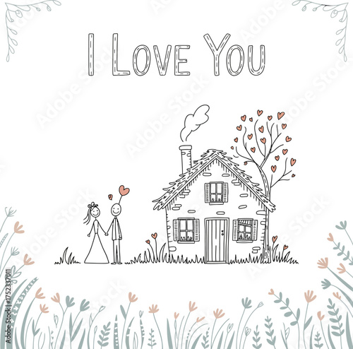 Love and Home: Delicate illustration captures a heartwarming scene of love, marriage, and the cozy embrace of home. The image is a testament to enduring affection and domestic bliss.