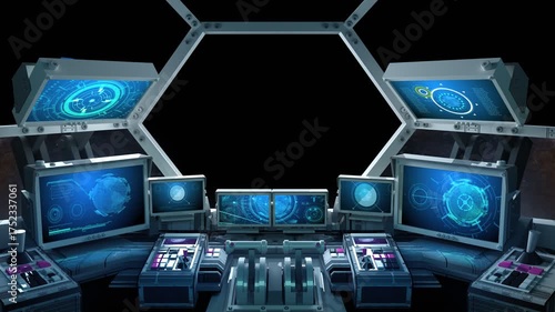 A Spaceship Cockpit With Transparent Glass. Animation On The Theme Of Space, Equipment, Controls, And Technology.