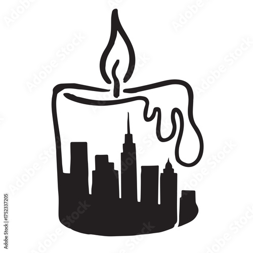 A burning candle with a cityscape silhouette within its wax form silhouette