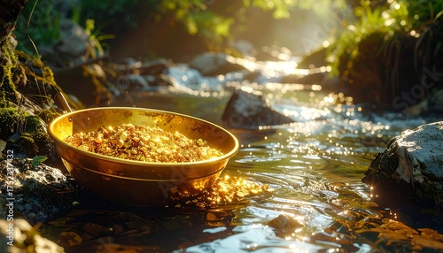 A golden pan overflowing with glittering gold flakes rests in a clear, flowing stream, illuminated by sunlight