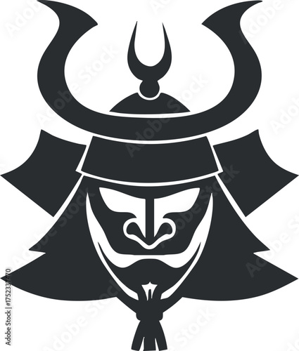 Black and white samurai mask illustration depicting traditional Japanese warrior helmet and face.