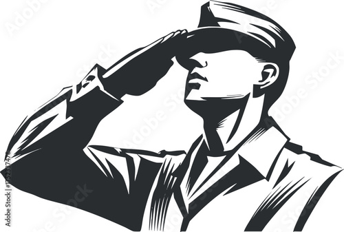 Black and white illustration of a soldier saluting in uniform, symbolizing respect and service.