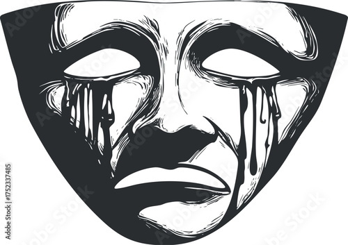 Illustration of a crying theatrical mask symbolizing drama and emotion with tears flowing down.
