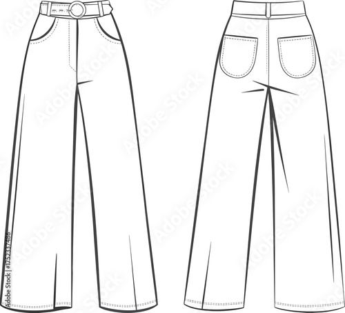 Wide leg high waist pants flat sketch, front and back view, with belt loops, pockets, pleats, cad fashion vector