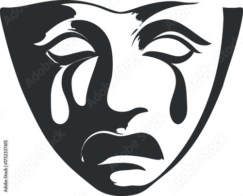 Black and white illustration of a theater mask symbolizing tragedy and dramatic expression.
