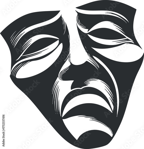 Black and white illustration of a theatrical mask symbolizing drama and emotional expression.