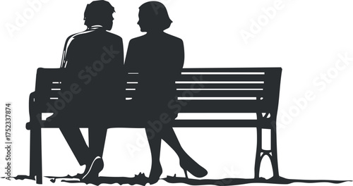 Silhouette of a couple sitting on a bench, engaged in conversation, in a tranquil setting.
