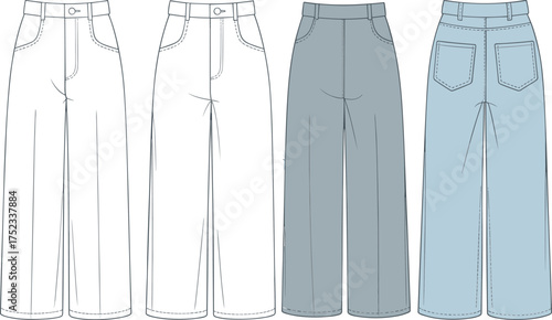 Wide leg jeans technical fashion sketch, front and back view, flat vector style, denim pants, clothing cad drawing, garment illustration