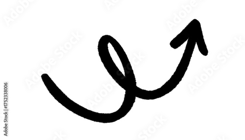 Hand-drawn black curved arrow with loop isolated on transparent background. Doodle sketch up arrow for note highlight, infographic, or creative design element. PNG