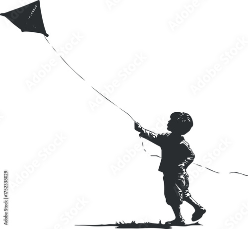 Silhouette of a child flying a kite, capturing the essence of carefree outdoor play.